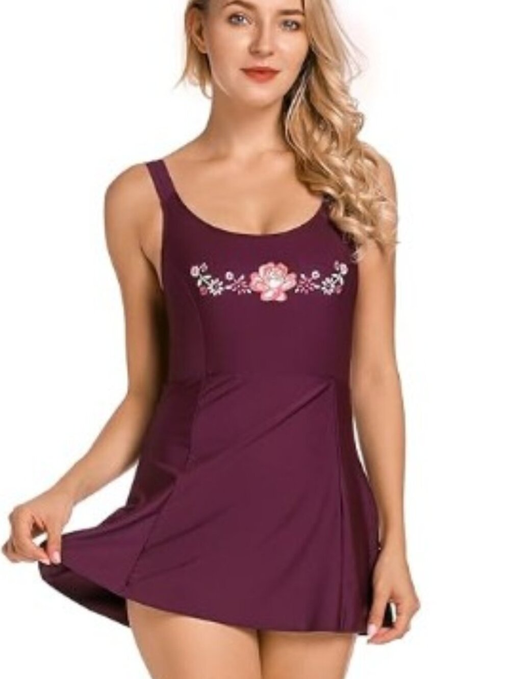 La Isla Brand Women's Size 14W Burgundy Floral One Piece Swimdress Swimsuit